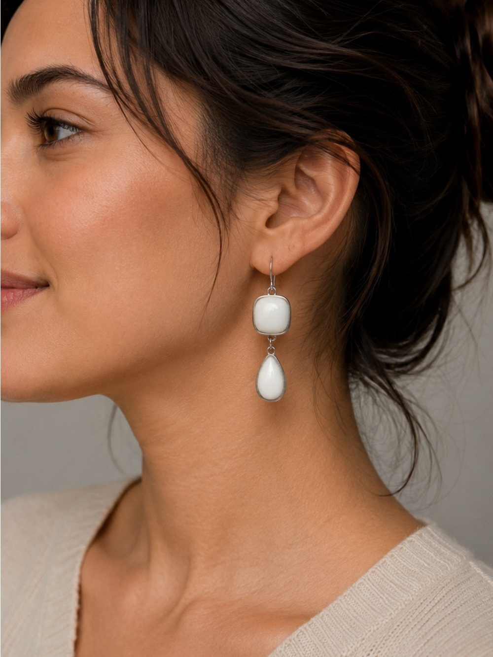 White Drop Dangle Earrings with Silver Accents - Women Jewelry